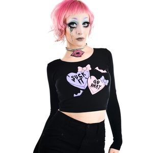 Too Fast creepy love hearts long sleeve crop top